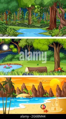 Three different nature horizontal scenes illustration Stock Vector