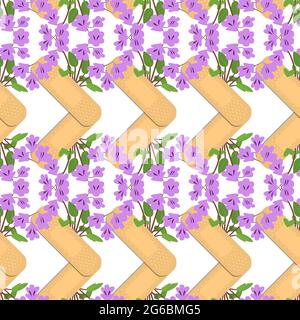 Seamless pattern with sticking plasters and purple flowers. Medical patch repeat texture. Stock Vector