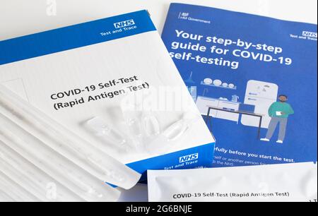 London / UK - July 2nd 2021 - Covid-19 Antigen test kit and instructions. NHS self testing kit for coronavirus Stock Photo