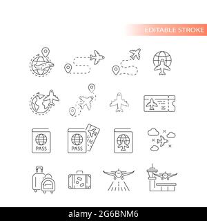 Airport, airline and airplane line vector icon set. Travel, boarding pass, flight route outline icons, editable stroke. Stock Vector