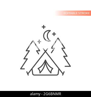 Tent with trees and moon line vector icon. Camping outline, editable stroke. Stock Vector