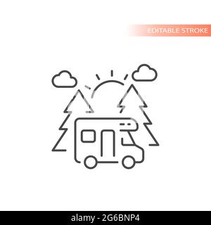 Camper van with trees and sun line vector icon. Camping outline, editable stroke. Stock Vector