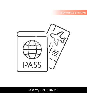 Passport id and airplane ticket line vector icon. Boarding pass symbol, editable stroke. Stock Vector