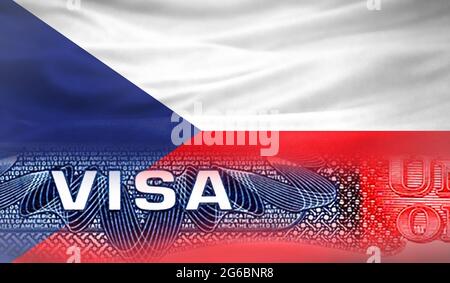 United States of America Visa Document, with Czech Republic flag in the background. Stock Photo