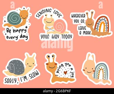 Set stickers cute snail cartoon, isolated on white background. Vector ...