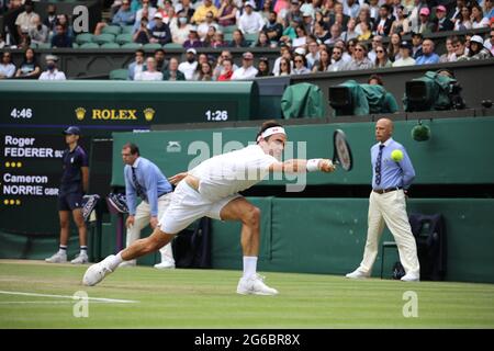 London, UK. 03rd July, 2021. Roger Federer in action against Cameron Norrie in the third round. Wimbledon Day Six Credit: Paul Marriott/Alamy Live News Stock Photo