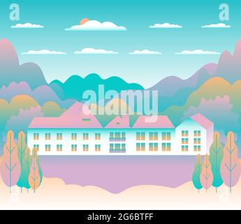 Minimal landscape village, mountains, hills, trees, forest. Rural valley scene. Farm countryside with house, building in flat style design. Pink blue Stock Vector