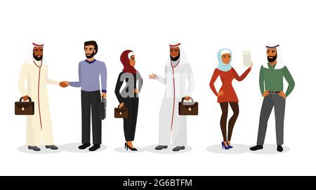 Vector illustration of cartoon Arab men and women in different clothes and characters, muslim businessmen and businesswomen standing, talking, smiling Stock Vector
