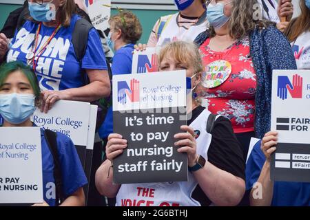 London, United Kingdom. 3rd July 2021. Protesters outside University College Hospital. NHS (National Health Service) workers and supporters marched through central London demanding a fair pay rise for NHS staff and in general support of the the NHS. Stock Photo