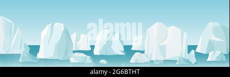 Vector illustration of arctic landscape in flat cartoon style. nature winter arctic ice landscape with lot of icebergs, snow mountains and hills. Stock Vector