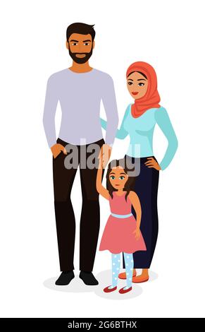 Vector illustration of happy and beautiful Arab family. Mother in hijab, father and daughter in flat cartoon style. Stock Vector
