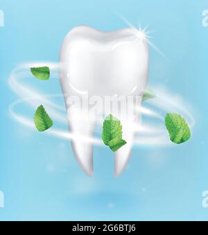 Whitening tooth ads, with mint leaves on blue background. Stock Vector