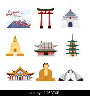 Vector illustration set of travel Asia with Asia famous buildings,, volcano and Buddha statue icons, travel concept in flat style. Stock Vector