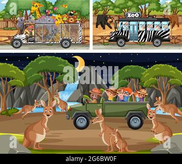 Different safari scenes with animals and kids cartoon character illustration Stock Vector