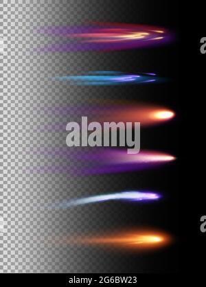 Vector illustration set of light effects,space meteor and comet in different colors and shapes on transparent background. Stock Vector