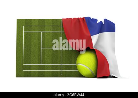 Chile flag draped over a grass tennis court and ball. 3D Rendering Stock Photo