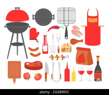 Vector illustration set of barbecue, grilled food steak, sausage, chicken, seafood and vegetables, all tools for BBQ party, cook food outside. Stock Vector