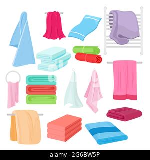 Vector flat illustration set of cartoon towels in different colors and shapes. Cloth towel for bath. Stock Vector