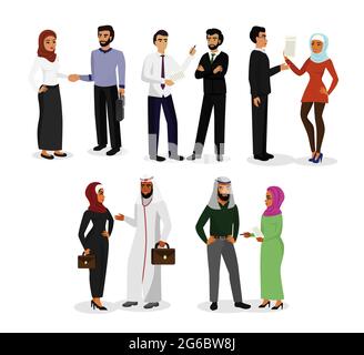 Vector illustration set of muslim men and women characters talking, making business together. Arab business people teamwork concept in flat style. Stock Vector