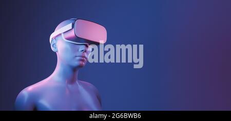 female character with virtual reality goggles with blue and red neon lighting and text space. futuristic concept. gaming . 3d render Stock Photo