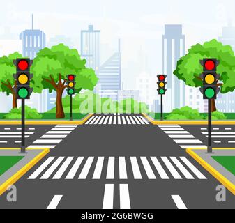 Vector illustration of streets crossing in modern city, city crossroad with traffic lights, markings, trees and sidewalk for pedestrians. Beautiful Stock Vector