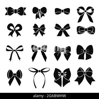 Vector illustration set of black and white bows in silhouette, different types and shapes of ribbons. Stock Vector