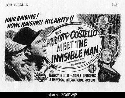 BUD ABBOTT LOU COSTELLO and ADELE JERGENS in BUD ABBOTT AND LOU COSTELLO MEET THE INVISIBLE MAN 1951 director CHARLES LAMONT suggested by the story by H.G. Wells story Hugh Wedlock Jr. and Howard Snyder Universal-International Pictures Stock Photo