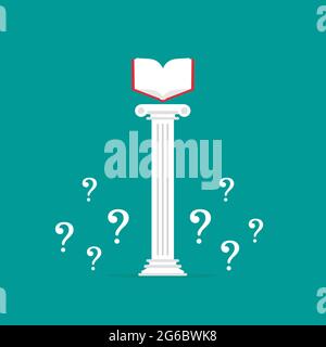 Greek column with open book and questions. Antique pillar. Library, university or encyclopedia concept. Education, knowlenge or curiosity. Vector illu Stock Vector