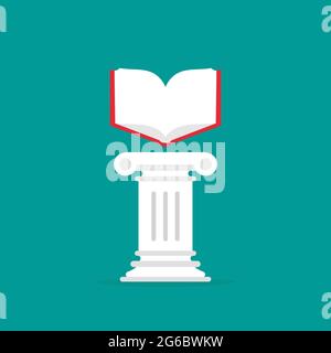 Greek column with open book. Antique pillar. Library, university or bookstore concept. Education, knowlenge value. Vector illustration on blue backgro Stock Vector