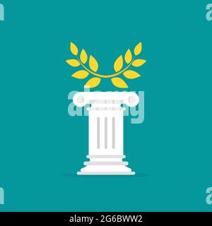Winner pedestal with golden laurel. Podium for best product with greek or roman column. Antique pillar.First place, award bowl. Symbol of success, vic Stock Vector
