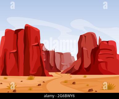 Vector illustration of Wild west Texas desert landscape with dry grass and red color mountains of canyon. Flat cartoon style for game art and Stock Vector