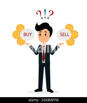 Vector illustration of funny trader character analyzing, deciding to buy or sell shares or currency. Financial market business man. Flat cartoon style Stock Vector