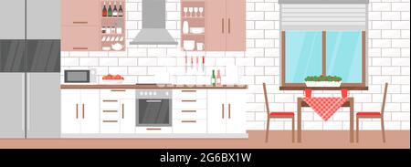 Vector illustration of modern kitchen interior with table, stove, cupboard, dishes in light colors, flat design. Stock Vector