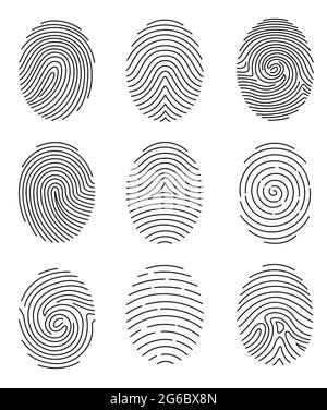 Vector illustration set of different shape fingerprint in line style on white background. Stock Vector