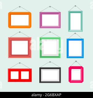 Vector illustration set of vintage photo picture frame. Painting drawing frame collection on blue background in cartoon flat style. Stock Vector