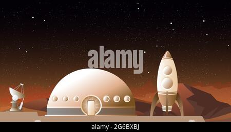 Vector illustration of spaceship on Mars or another planet. A rocket and space station on space background. Space travel concept. Stock Vector