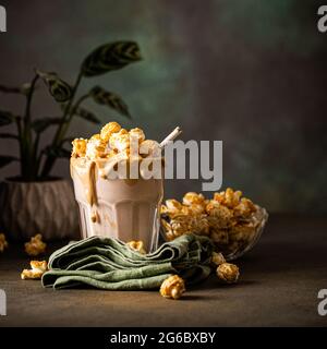 Popcorn milkshake with sea salt caramel Stock Photo