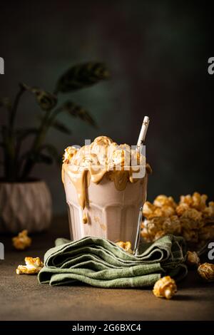 Popcorn milkshake with sea salt caramel Stock Photo