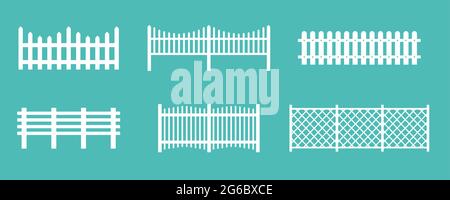 Vector illustration set of white rural wooden fences, silhouettes fence for garden and house concepts, flat cartoon style. Stock Vector