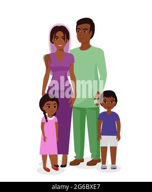 Vector illustration of beautiful Indian family. Happy Indian man and woman with boy and girl kids in traditional national clothes. Mother, father and Stock Vector
