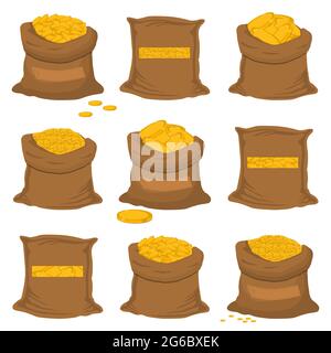 Illustration on theme big colored set different types bags, full sack of coins. Sack pattern consisting of collection heap golden coins on open bags. Stock Vector