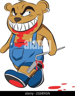 Killer Teddy Bear covered in blood celebrating Halloween. Evil Toy for Kids to give them fear and nightmare. Cartoon Style isolated Halloween. Stock Vector