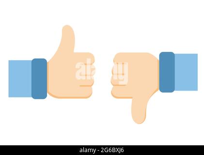 Vector illustration of like and dislike icons. Thumbs up and thumbs down symbols on white background in flat style. Stock Vector