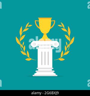 Winner pedestal with gold trophy, winning cup and laurel. Podium for best product with greek or roman column. Antique pillar.First place, award bowl. Stock Vector