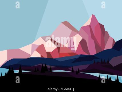 Vector illustration of beautiful mountains landscape in geometric style in pink and blue colors, flat design. Stock Vector