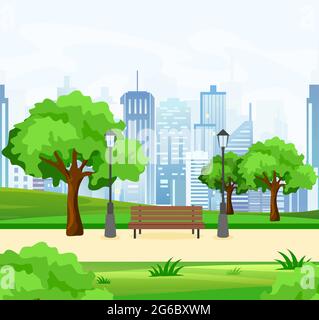 Vector illustration of beautiful public city park with trees and bench, lights and modern city view on background in flat style. Stock Vector