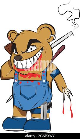 Killer Teddy Bear covered in blood celebrating Halloween. Evil Toy for Kids to give them fear and nightmare. Cartoon Style isolated Halloween. Stock Vector