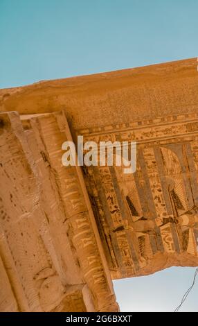 Beautiful Egyptian hieroglyphs and engravings on the walls of Kom Ombo Temple, Egypt Stock Photo