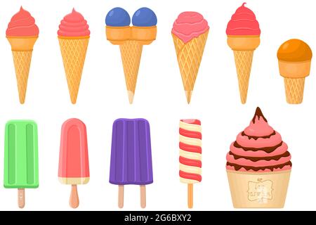 Illustration on theme big kit ice cream popsicle different types in cone waffle cup. Ice cream consisting of tasty popsicle on cone waffle cup. Popsic Stock Vector