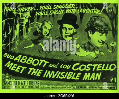 BUD ABBOTT LOU COSTELLO and ADELE JERGENS in BUD ABBOTT AND LOU COSTELLO MEET THE INVISIBLE MAN 1951 director CHARLES LAMONT suggested by the story by H.G. Wells story Hugh Wedlock Jr. and Howard Snyder Universal-International Pictures Stock Photo
